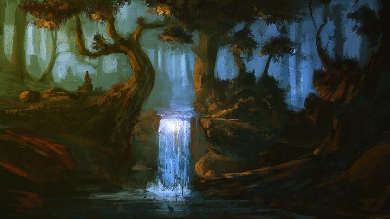 Person at Waterfall — Blue, Serene