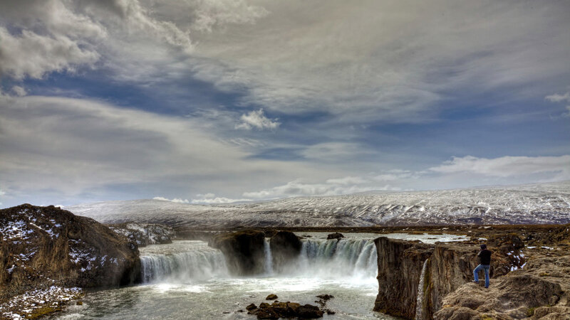 Person at Waterfall — Blue