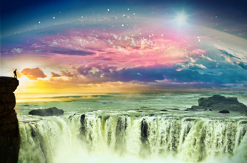 Person at Waterfall Edge — Blue