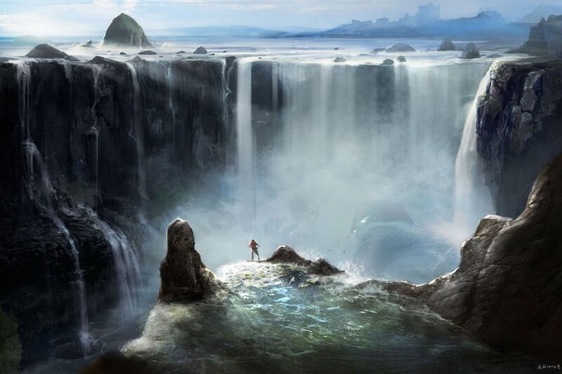 person at waterfall edge