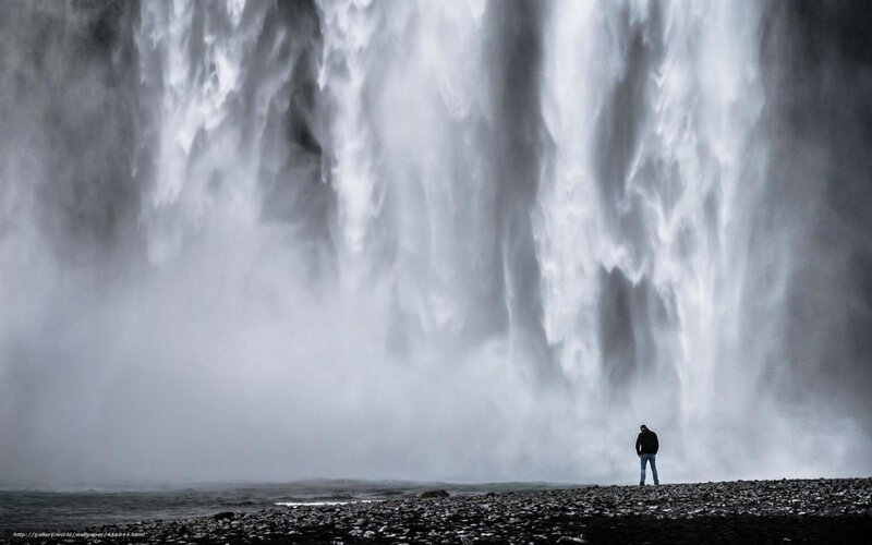 Person at Waterfall — Gray, Dramatic, Photograph
