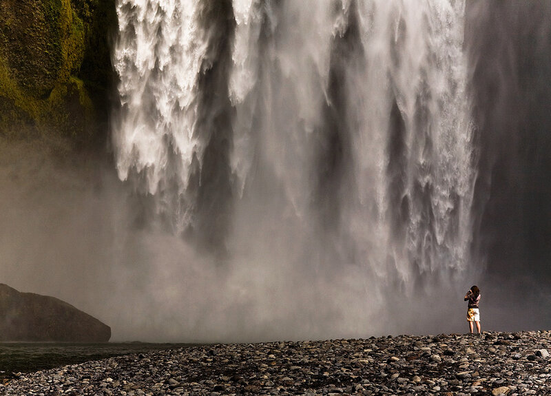 Person at Waterfall — Gray