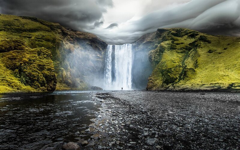 Person at Waterfall — Green, Dramatic, Photograph, River, Cliffs