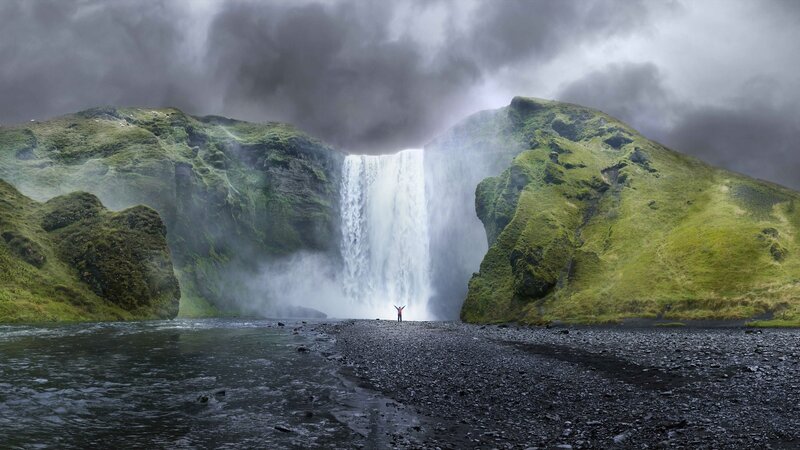 Person at Waterfall — Green, Dramatic, Photograph, River, Hills