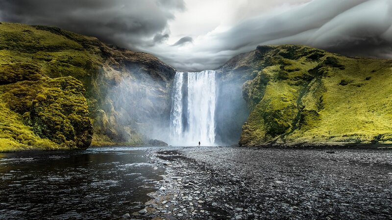 Person at Waterfall — Green, Dramatic, Photograph, River