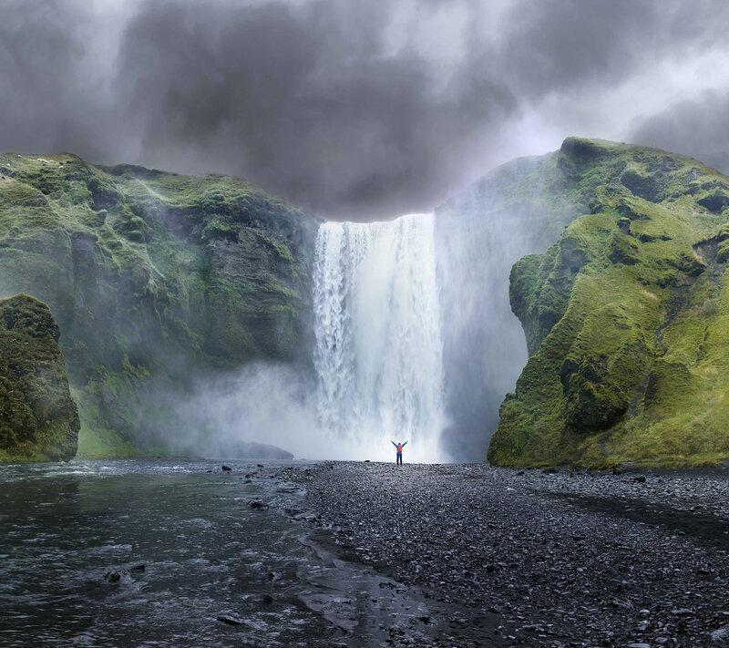 Person at Waterfall — Green, Dramatic, Photograph
