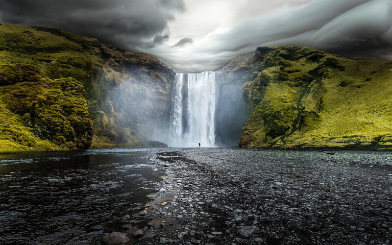 Person at Waterfall — Green, Dramatic
