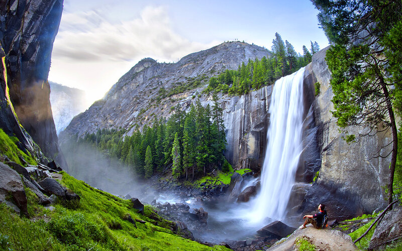 Person at Waterfall — Green, Serene, Afternoon