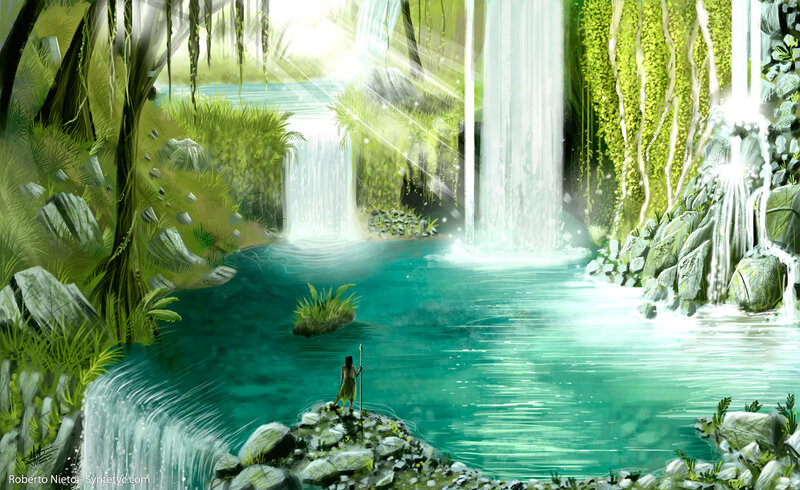 Person at Waterfall — Green, Serene