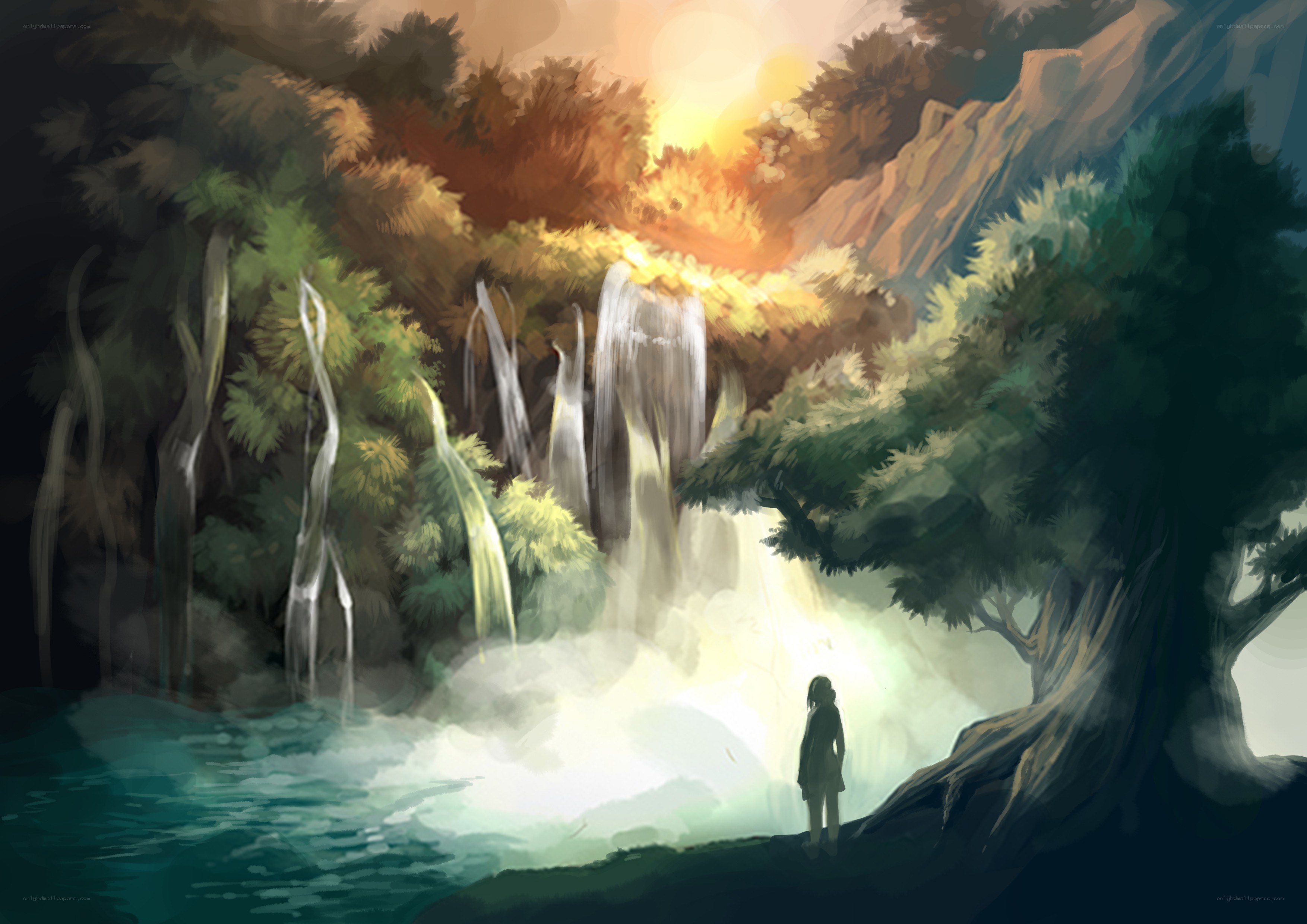 Person at waterfall in forest