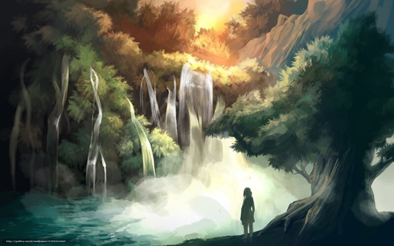 Person at waterfall in forest