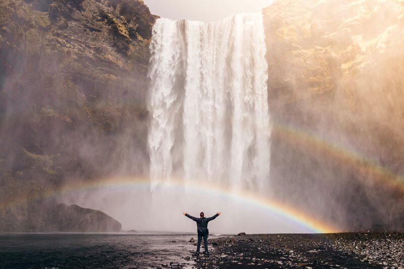 Person at Waterfall — White, Dramatic, Afternoon