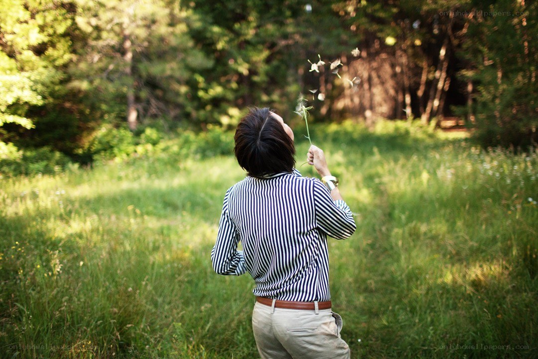 person blowing dandelion seeds
