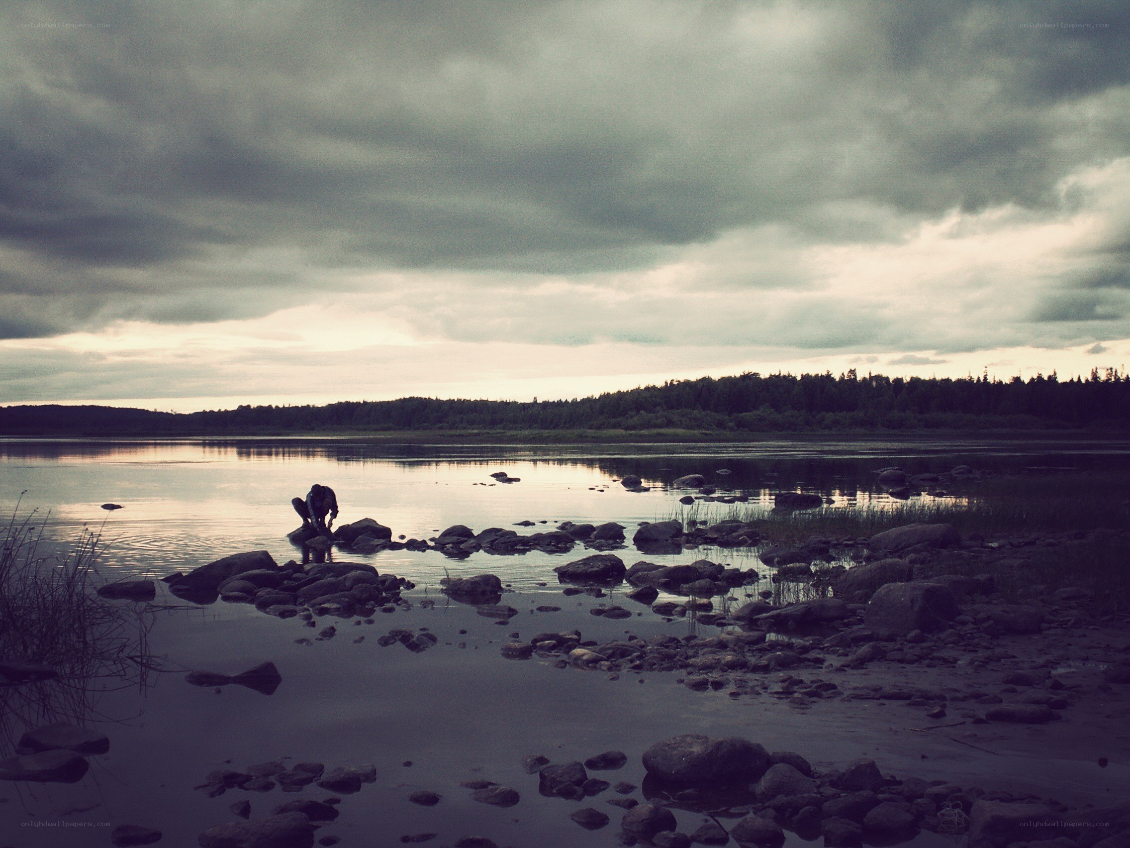 Person by a lake at dusk