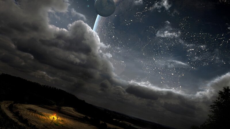 Person by Campfire — Black, Dramatic, Night, Digital Art, Planet, Moon, Clouds, Gray, Orange