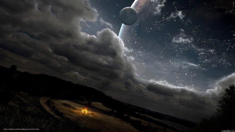 Person by Campfire — Black, Dramatic, Night, Digital Art, Planet, Moon