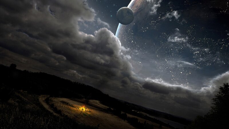 Person by Campfire — Black, Dramatic, Night, Digital Art, Planet