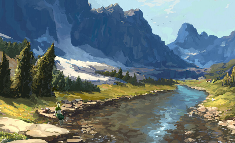 Person by River in Mountains