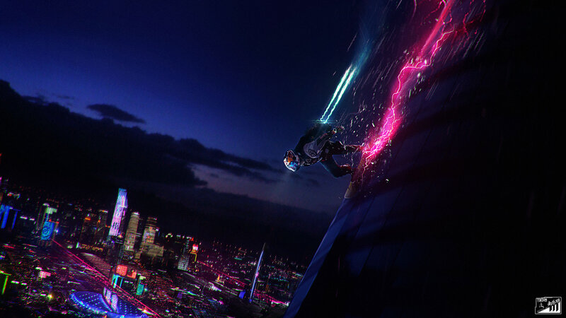 Person Climbing Building — Purple