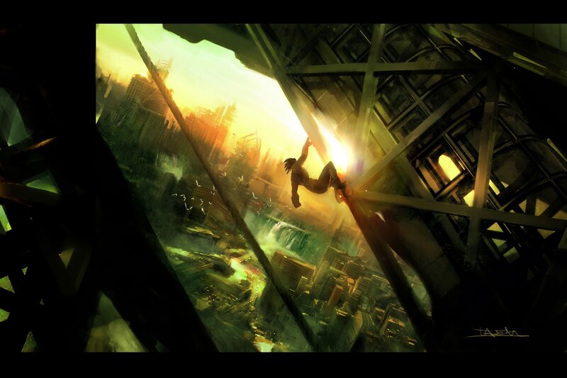 Person Climbing Structure — Green, Dramatic, Sunset