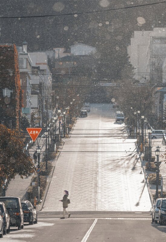Person Crossing Street — Gray, Serene
