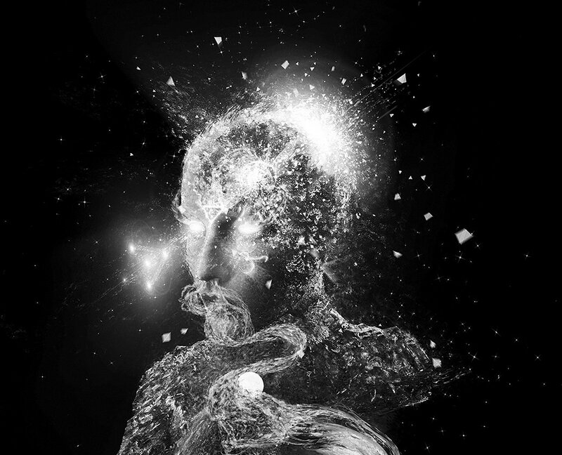 person dissolving into light