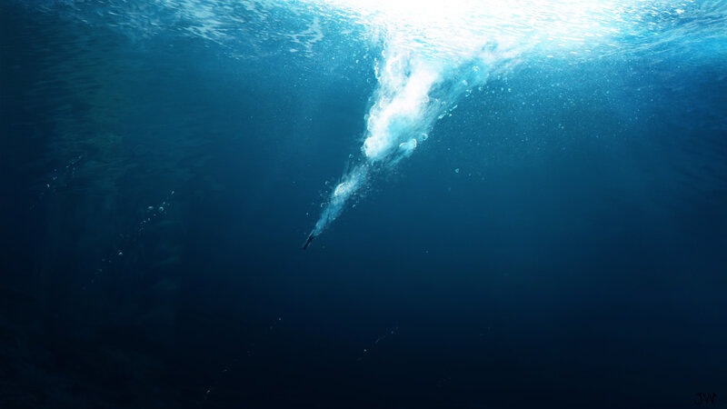 Person Diving Underwater — Blue, Serene, Digital Art, Bubbles