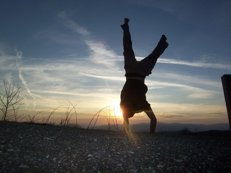 Person Doing Handstand — Blue, Dramatic, Sunset, Photograph, Sun