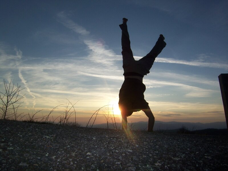 Person Doing Handstand — Blue, Dramatic, Sunset