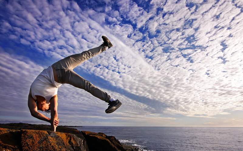 Person Doing Handstand — Blue, Dramatic