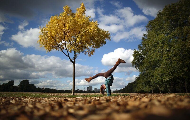 Person Doing Handstand — Yellow, Dramatic, Autumn
