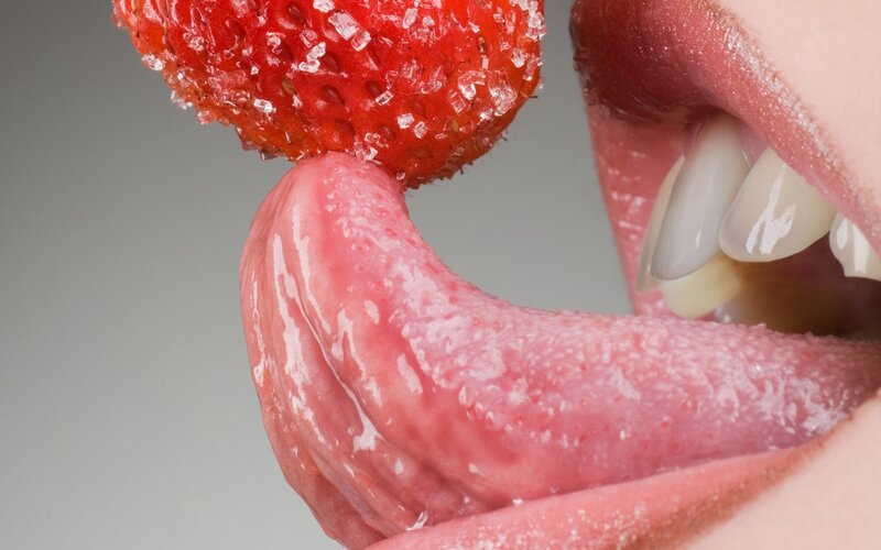Person Eating Strawberry — Red, Sensual, Photograph