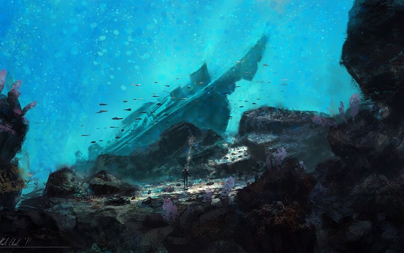 Person Exploring Shipwreck — Blue