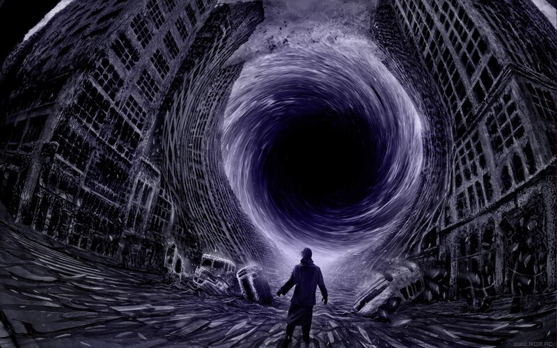 person facing a dark vortex