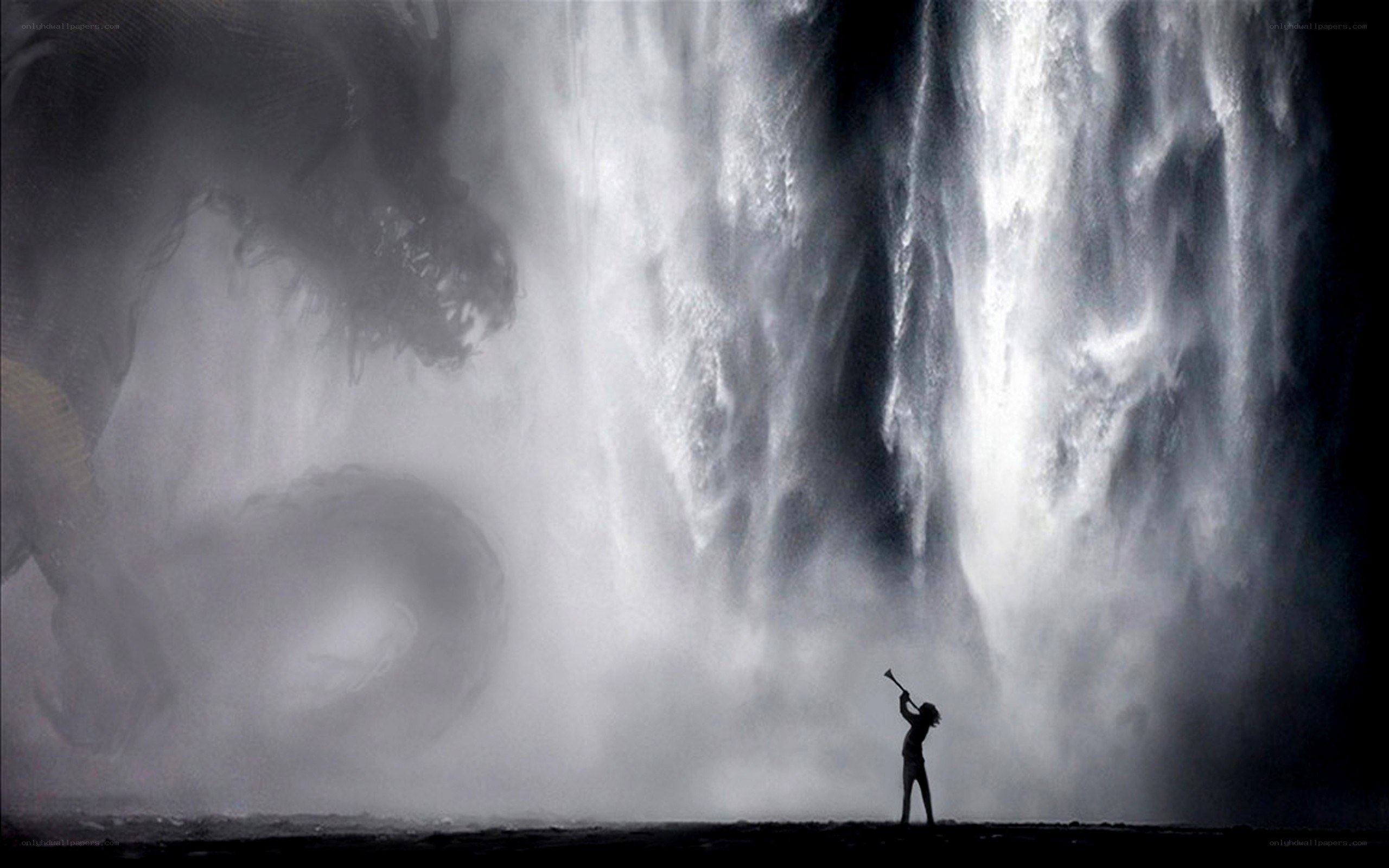 Person facing giant creature
