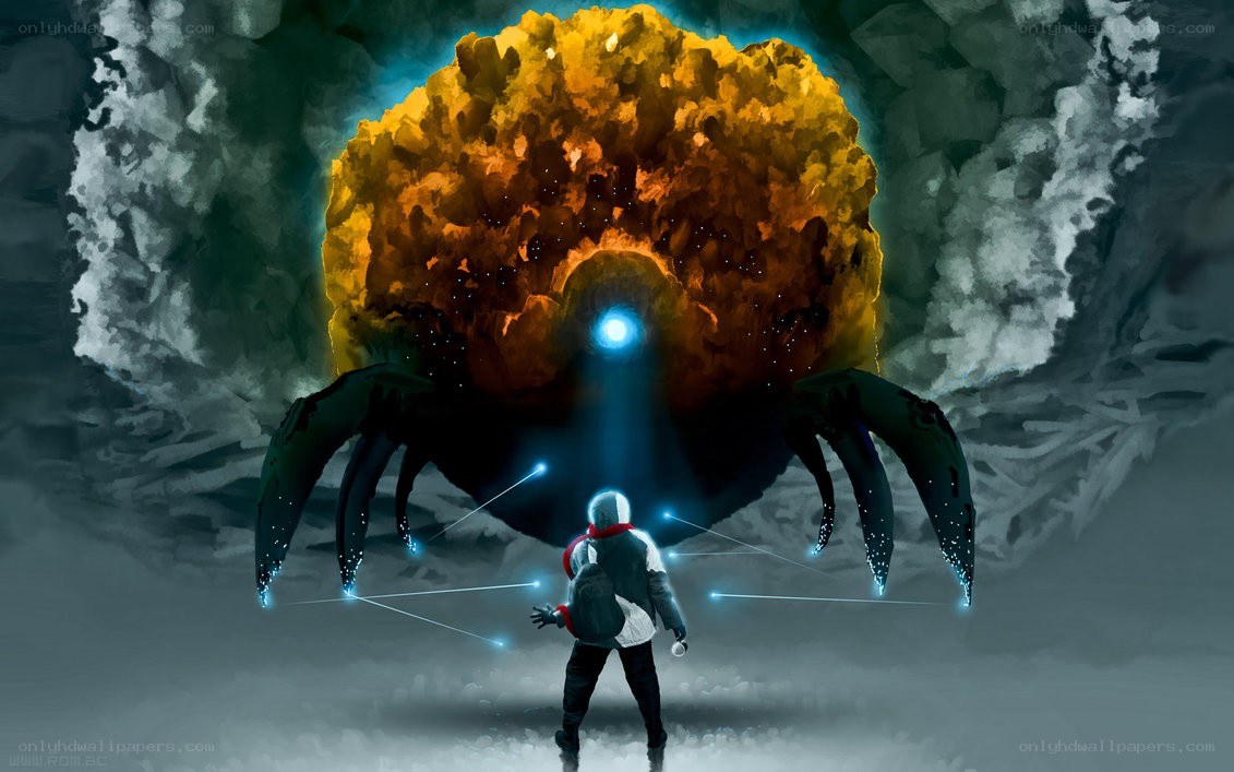person facing giant creature