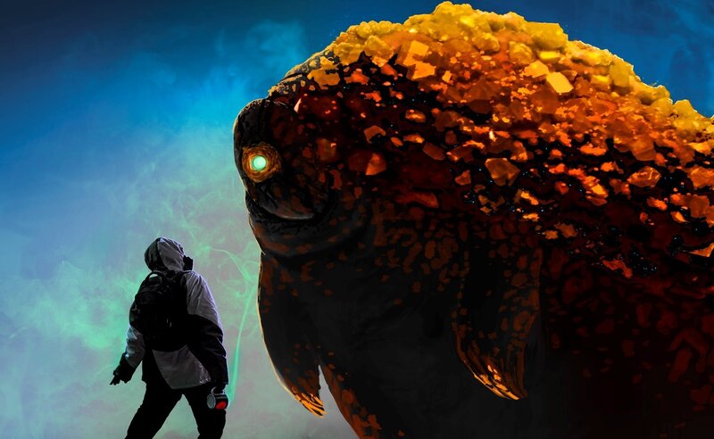 person facing giant creature