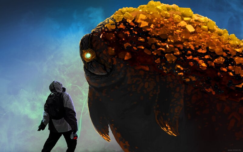 Person Facing Giant Creature — Blue, Dramatic