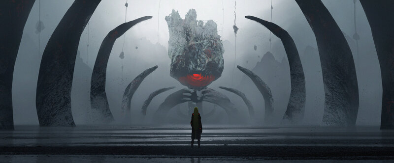 Person Facing Giant Creature — Gray, Dramatic