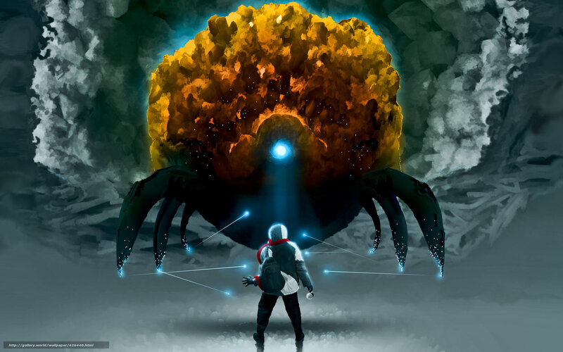 person facing giant creature