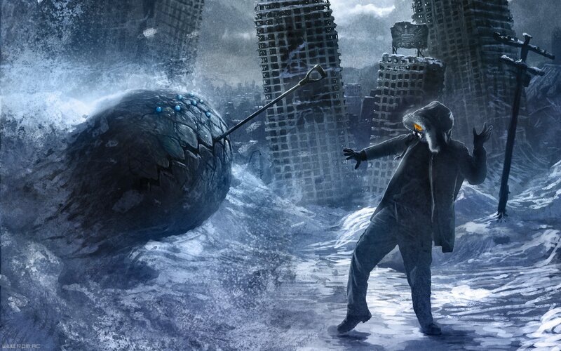 person facing giant snowball monster