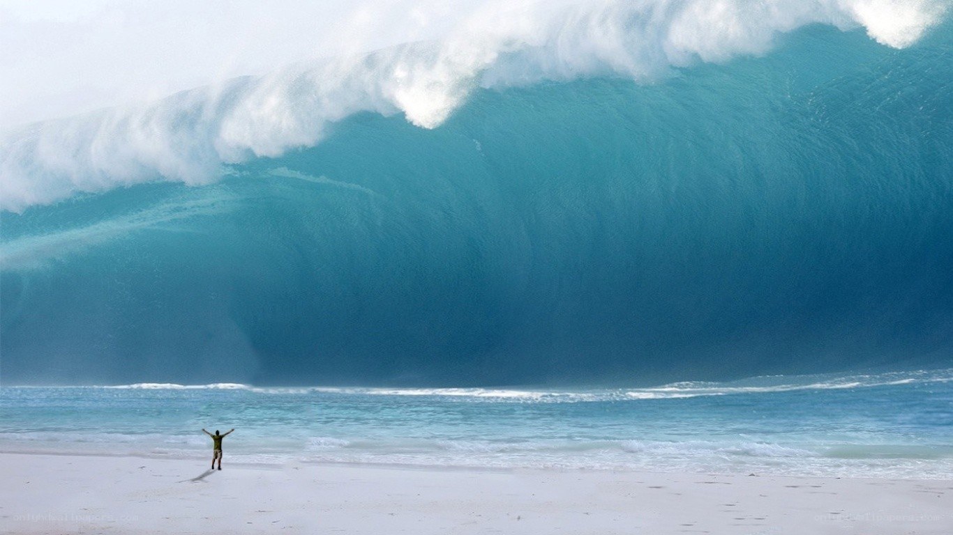 Person facing giant wave