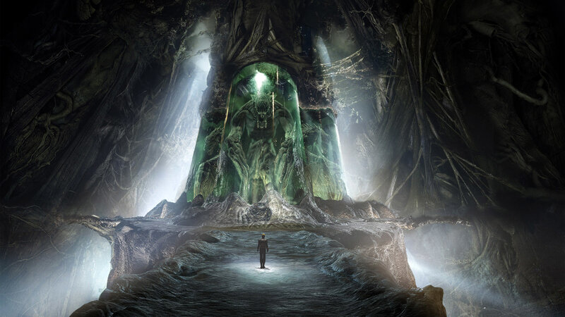 Person Facing Statue — Green, Dramatic, Digital Art, Cave