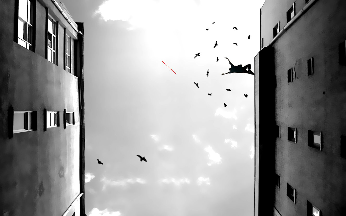 person falling between buildings