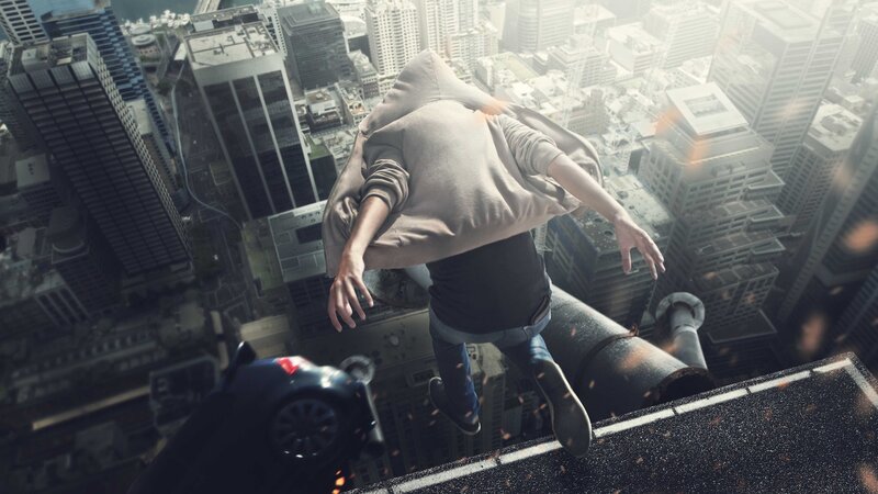 Person Falling from Building — Gray, Dramatic
