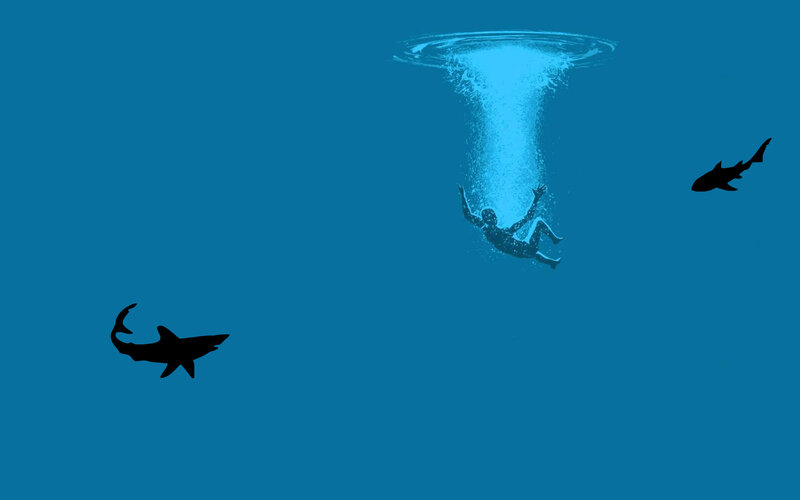 Person falling into water with sharks