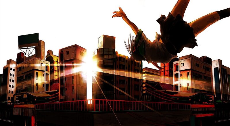 Person Falling over City — Orange, Dramatic