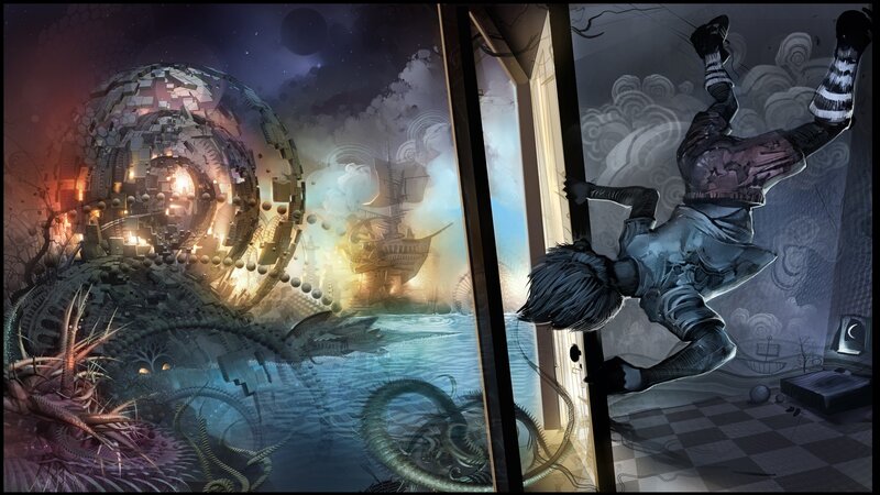 Person Falling Through Portal — Blue, Dramatic, Night