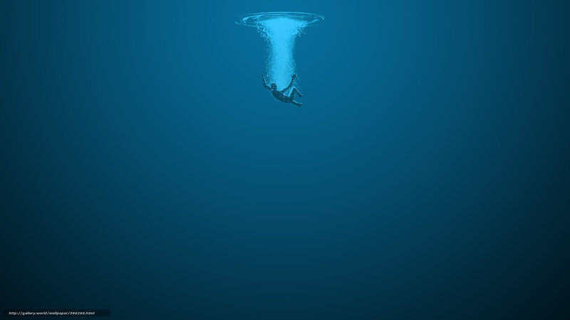 Person Falling Underwater — Blue, Dramatic, Digital Art, Bubbles