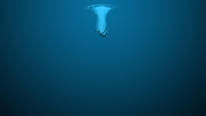 Person Falling Underwater — Blue, Dramatic, Digital Art, Bubbles, Water